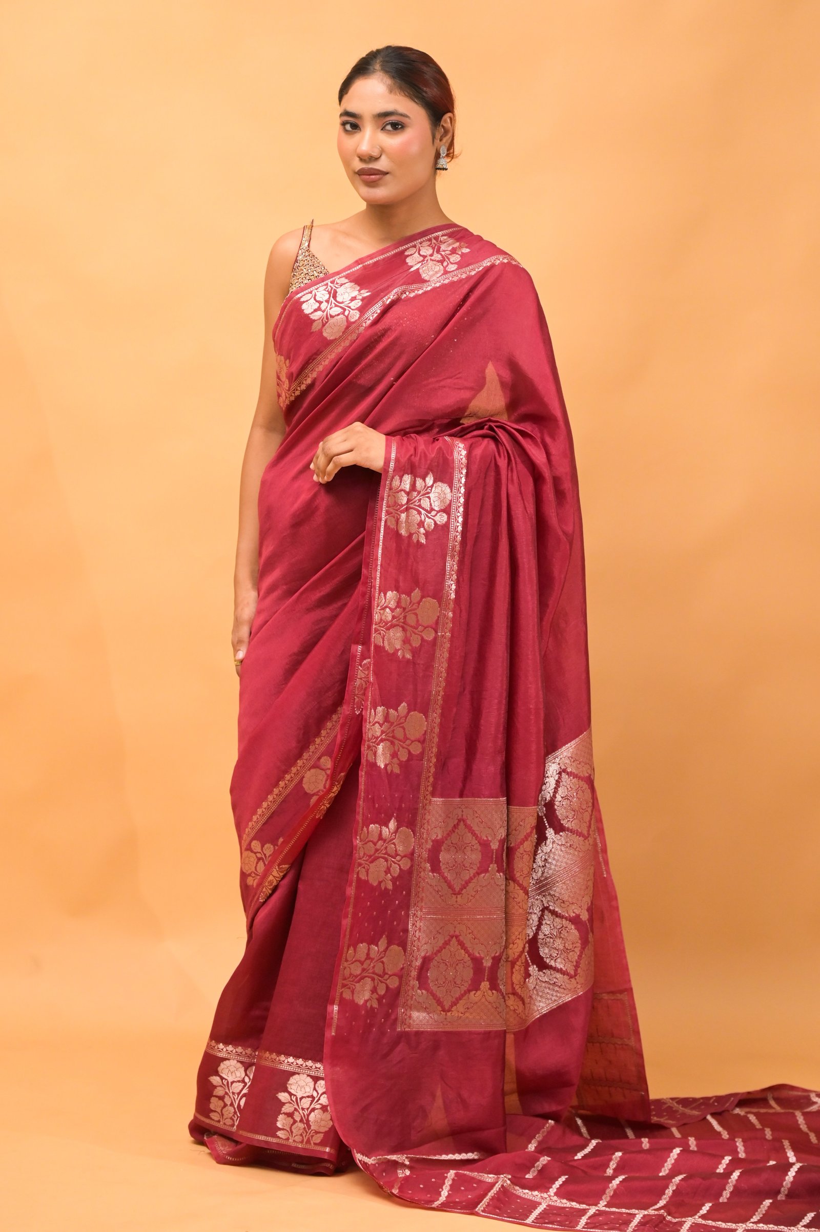 Maroon Tussar Silk Saree with Golden Floral Zari Work
